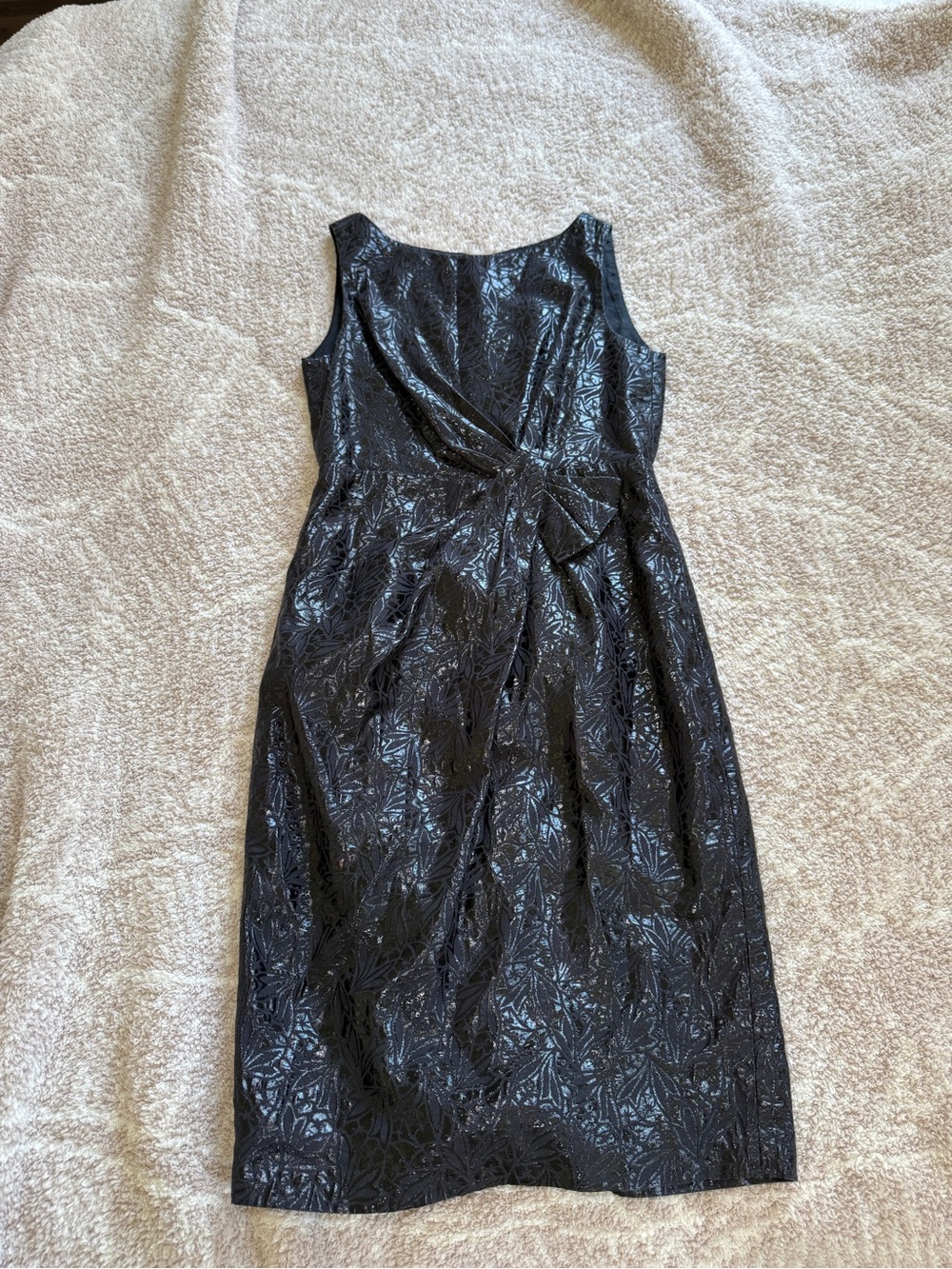 Anne Klein Black Metallic Floral Jacquard Bow Midi Dress Size 2